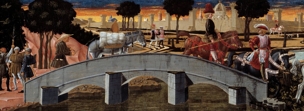 Matkustajat ylittävät sillan. Yksityiskohta. Nimetön maalaus Firenzen koulusta. 1450-1460. Toulouse, Musee des Augustins tekijältä School Florentine