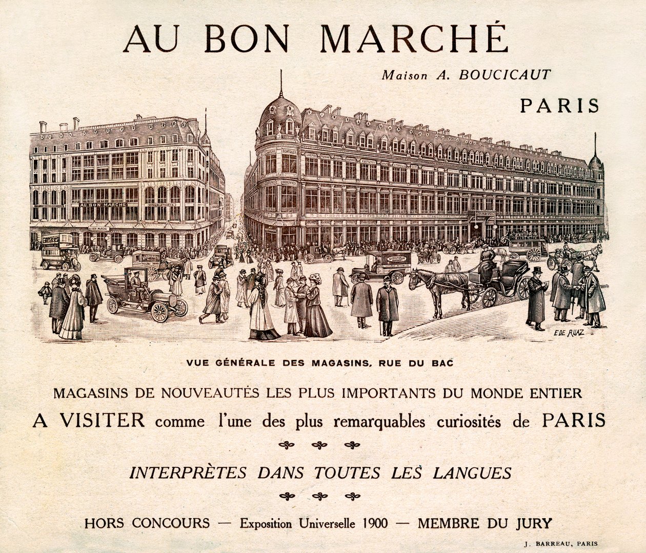Au Bon Marche -ravintolan mainos Rue du Badilla, Pariisi (painettu). tekijältä School French