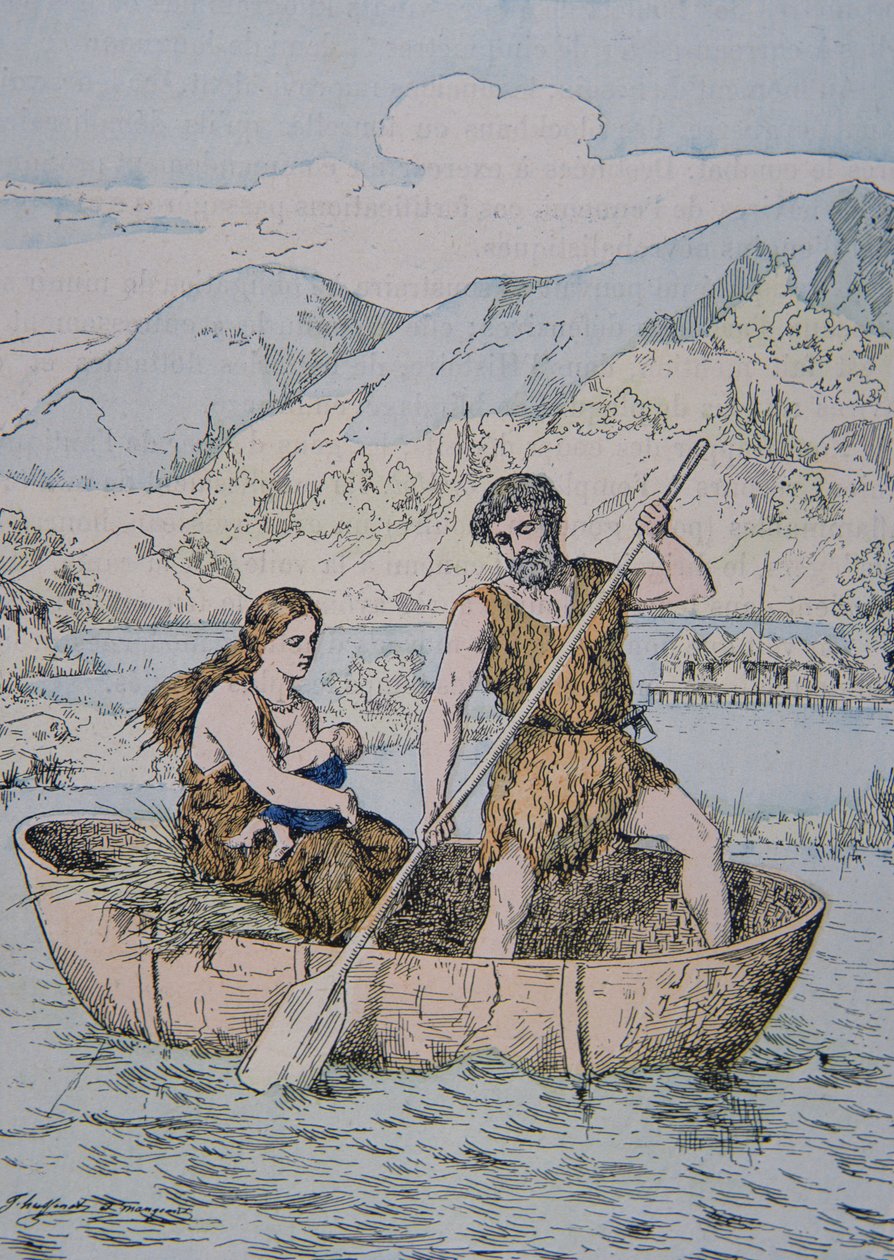 Muinaiset gallialaiset Coracle-tyyppisessä veneessä (väri litho) tekijältä School French