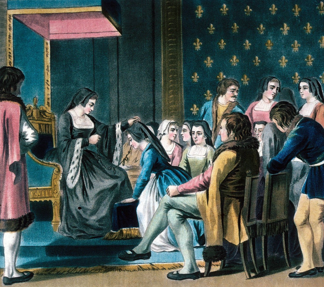 Anne de Bretagne antaa "Ordre de la Cordelieren" odottavalle naiselle (värillinen kaiverrus) tekijältä School French