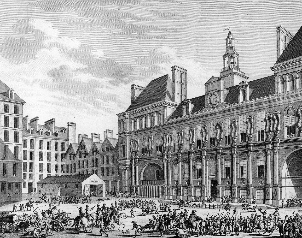 Konventin joukkojen hyökkäys yhteistaloon (raatihuoneeseen) 29. heinäkuuta 1794 Pariisissa. Pariisi, Vallankumouksen historian instituutin kirjasto tekijältä School French