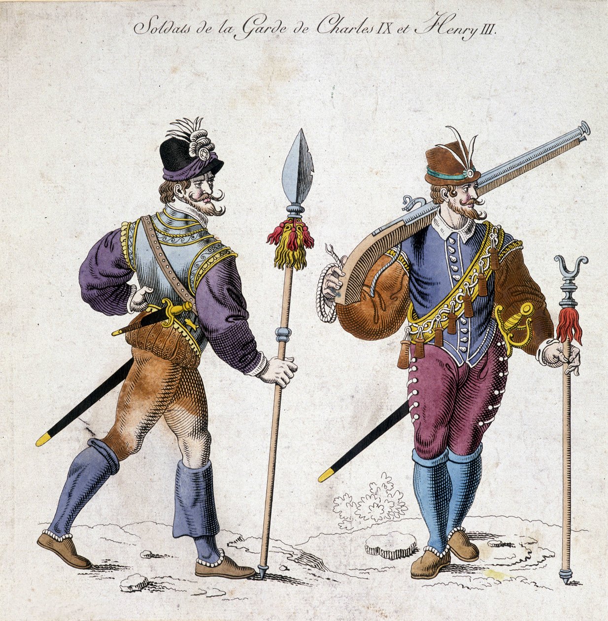 Kaarle IX:n (1550-1574) ja Henrik III:n (1574-1589) sotilaiden puvut. tekijältä School French
