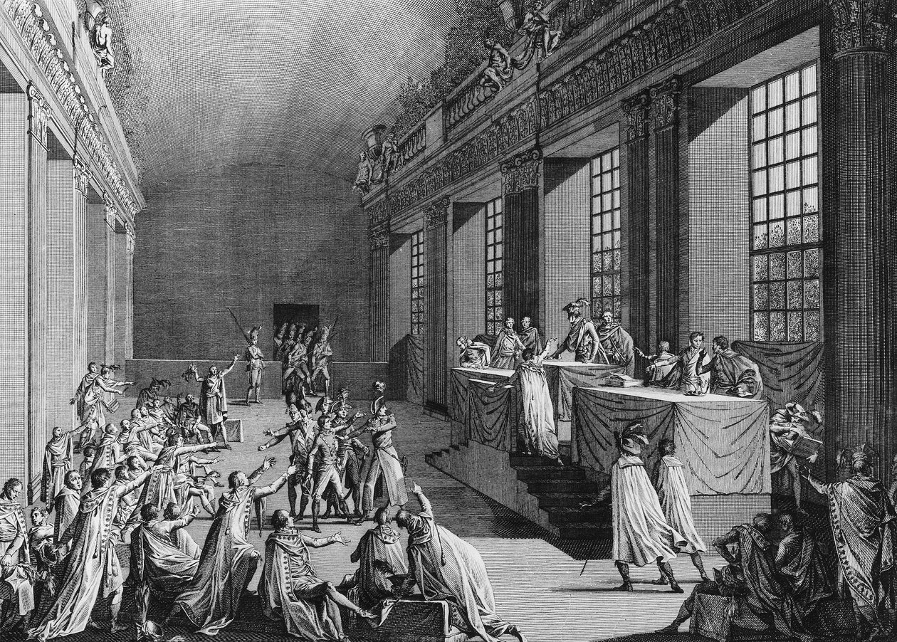 Päivät 18 ja 19 sumu An VIII (9. ja 10. marraskuuta 1799): Bonaparten vallankaappaus viiden sentin (5 senttiä) neuvoston kamarissa (huone 500), joka kaatoi johtokunnan, otti vallan ja sai nimen Ensimmäinen konsuli. Pariisi, Institun kirjasto tekijältä School French