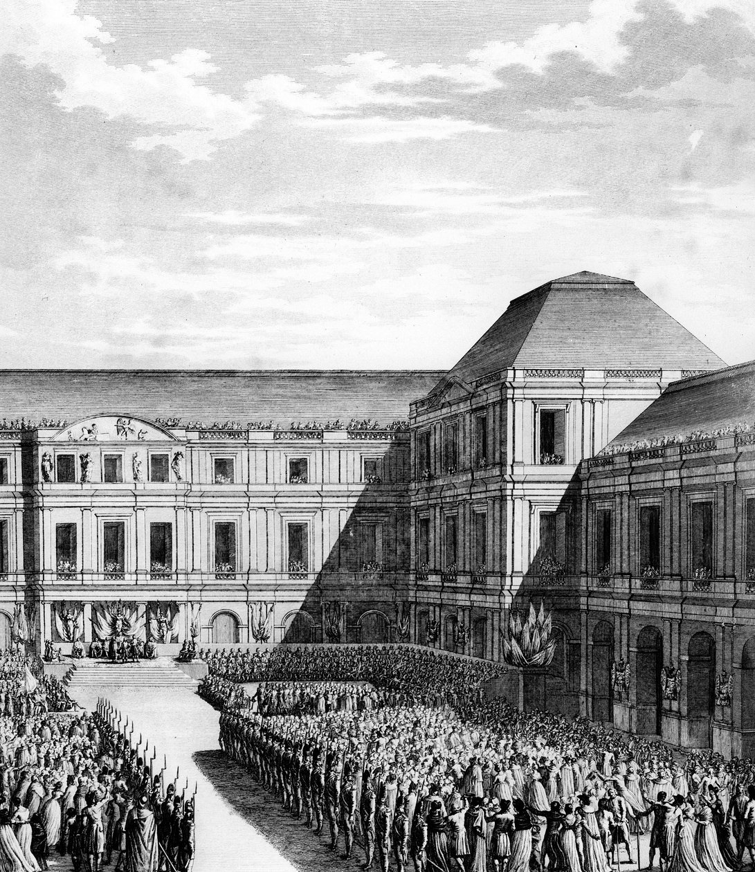 Napoleon I Bonaparten (1769-1821) juhlat National Palace of Directoryssa (Luxemburgin palatsi) Pariisissa Campo Formion kaupan jälkeen 20. perjantaina VI. (10. joulukuuta 1797). Pariisi, Vallankumouksen historian instituutin kirjasto tekijältä School French