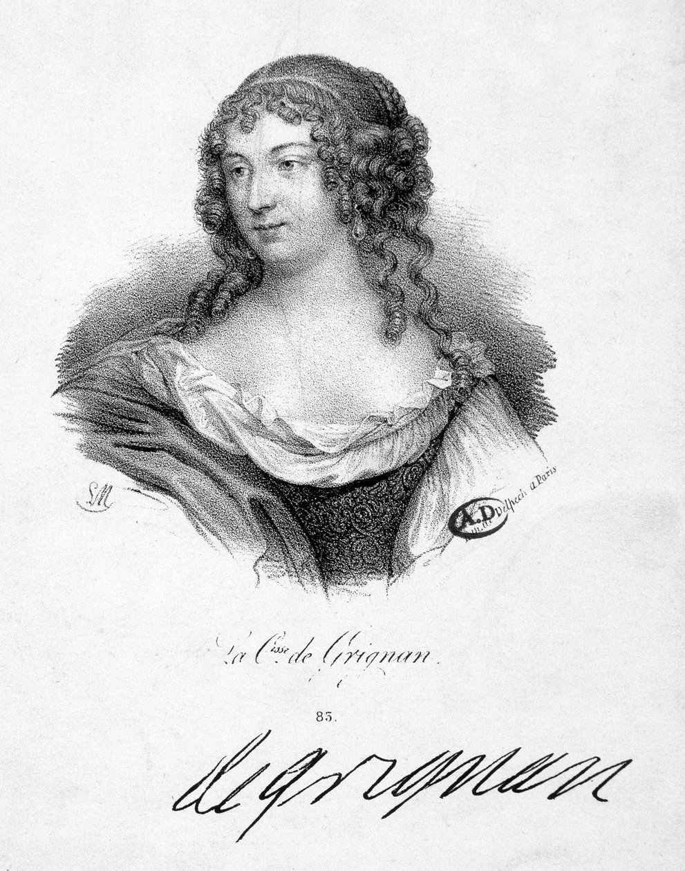 Francoise Marguerite de Sevigne, Grignanin kreivitär (1648-1705), Marie de Rabutin-Chantalin (Rabutin Chantal) tytär, Sevignen markiisi dit Madame de Sevigne (1626-1696) - kaiverrus, n.d. tekijältä School French