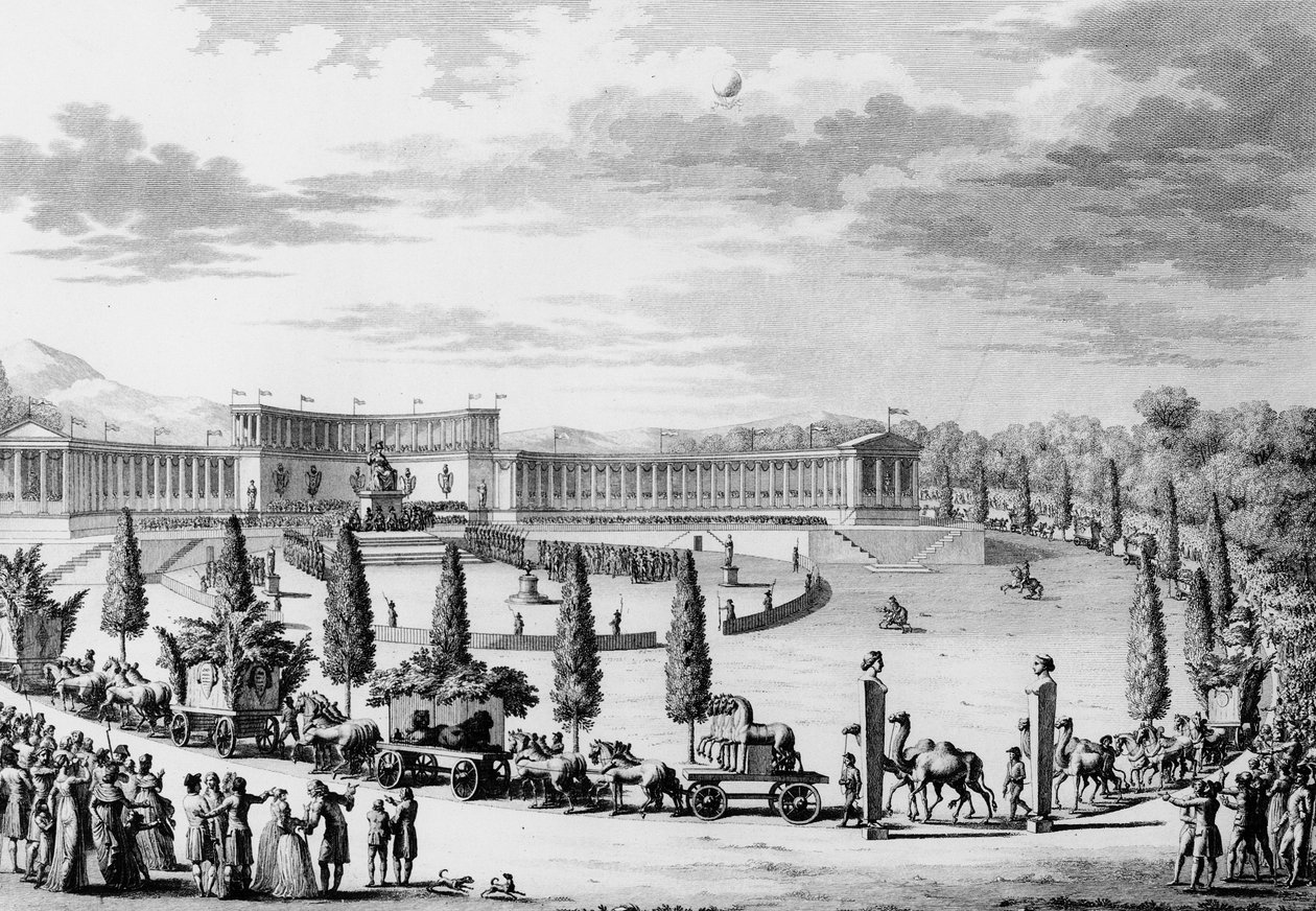 Ranskan vallankumous: Ranskan tieteen ja taiteen muistomerkkien voittoisan sisäänkäynnin kunniaksi 9. ja 10. Thermidor An VI (28. heinäkuuta 1798) konsuli Napoleon Bonaparten (1769-1821) määräyksestä annettu juhla (ryöstökampanja) . Pariisi, tekijältä School French