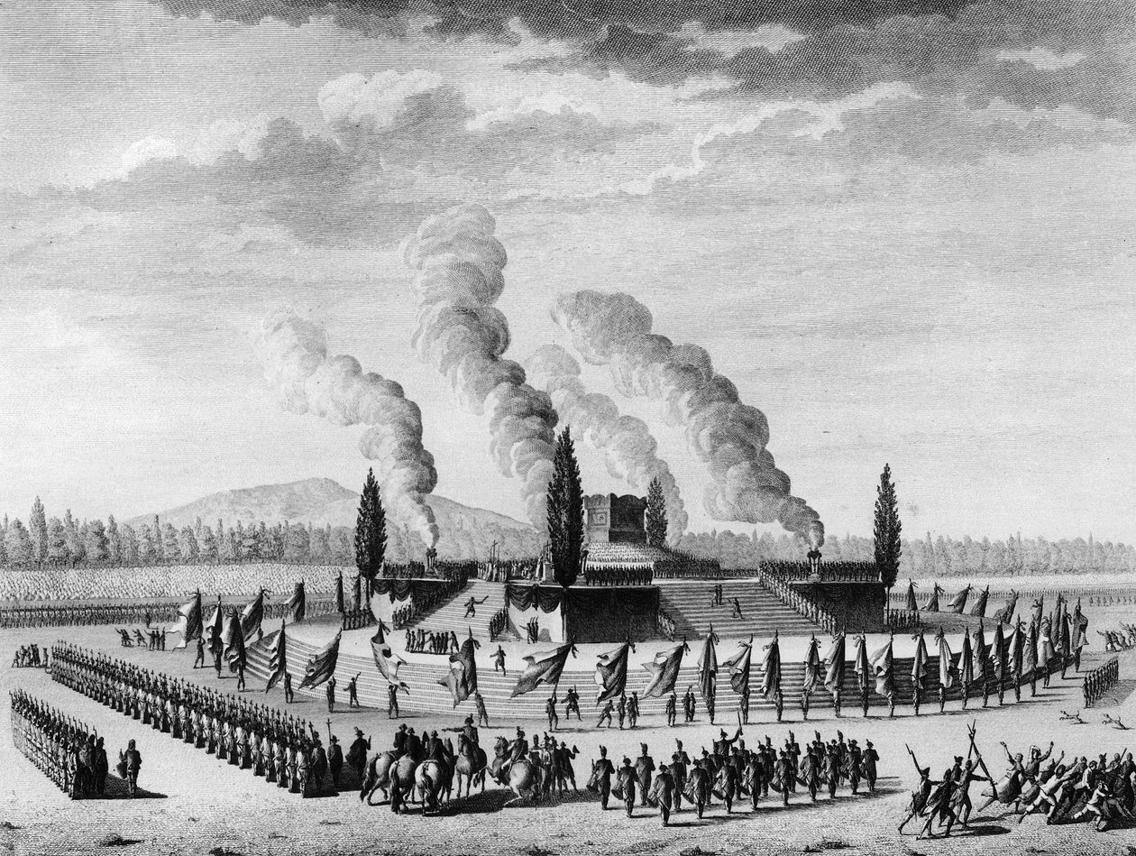 Ranskan vallankumous: Funebres Nancyssa syyskuussa 1790 kuolleiden kansalaisten kunniaksi. Pariisi, Vallankumouksen historian instituutin kirjasto tekijältä School French