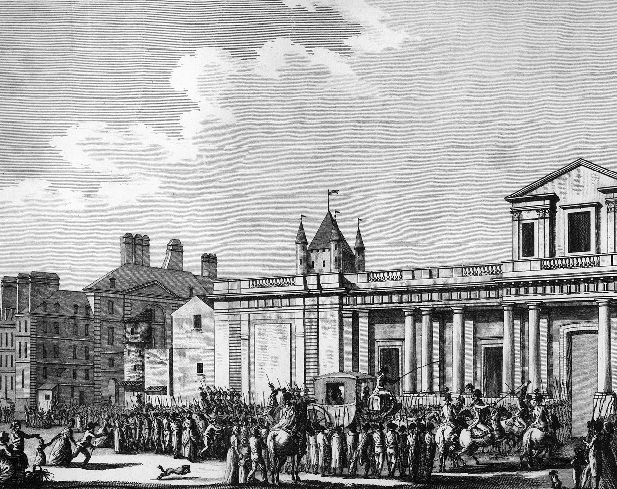 Revolução Francesa: Transferência da família real (Luís XVI, Maria Antonieta, o golfinho Louis Charles de France ou Luís XVII e Maria Teresa conhecida como “Madame Royale”) para a prisão do Templo em Paris em 13 de agosto finlandês tekijältä School French