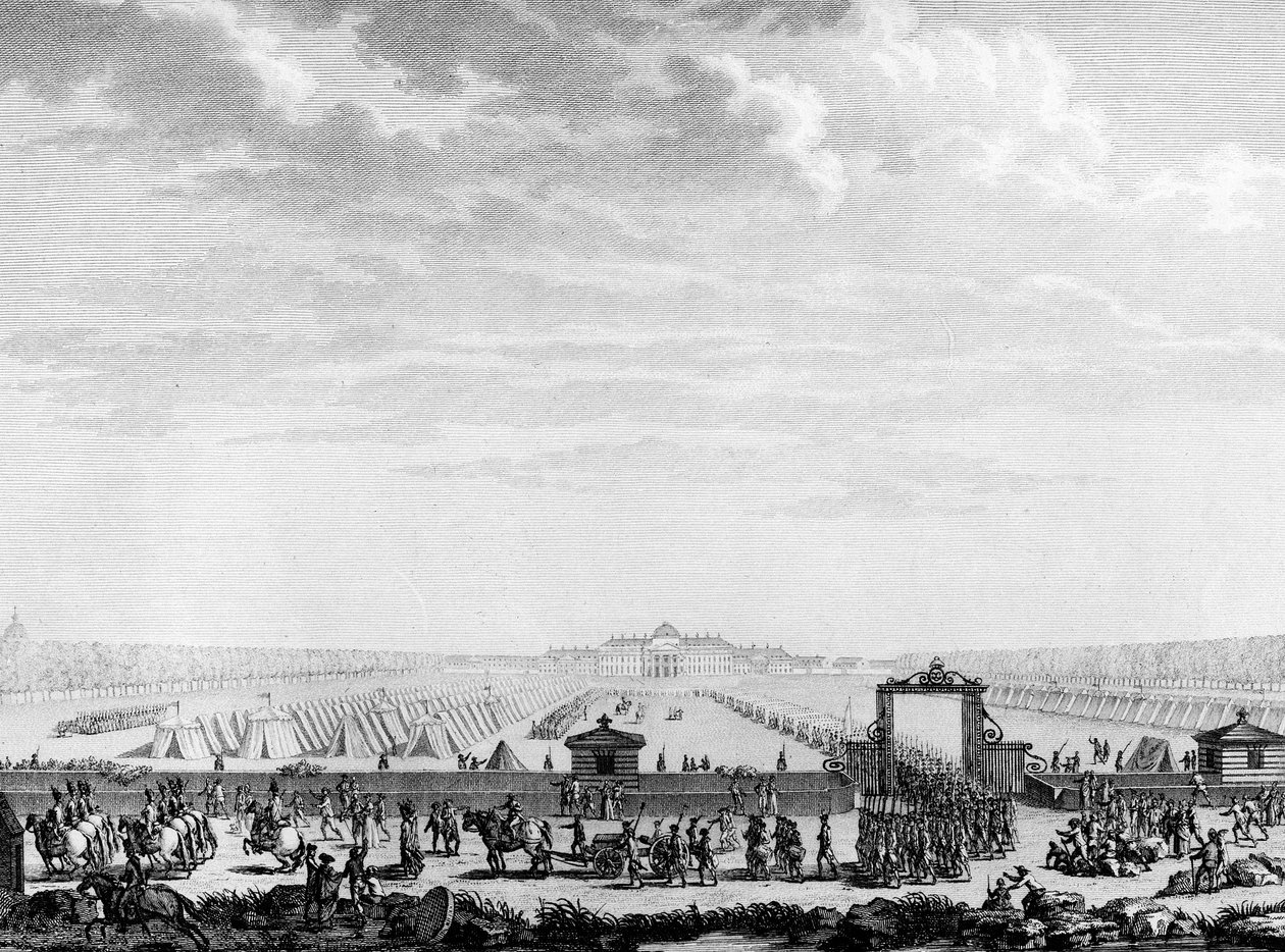 Ranskan vallankumous: maaliskuun kentän sotilasjoukot lähtivät Place Louis XV:lle 12. heinäkuuta 1789 Pariisi, Vallankumouksen historian instituutin kirjasto tekijältä School French