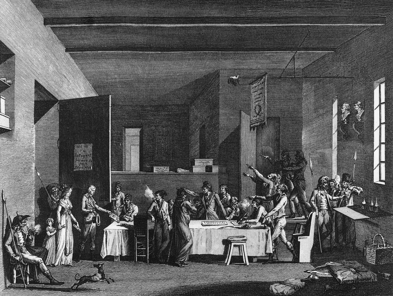 Ranskan vallankumous ja vallankumouksen vastainen liike: Terrorin alaisena vallankumouksellisen komitean sisätilat 1793-1794. Pariisi, Vallankumouksen historian instituutin kirjasto tekijältä School French