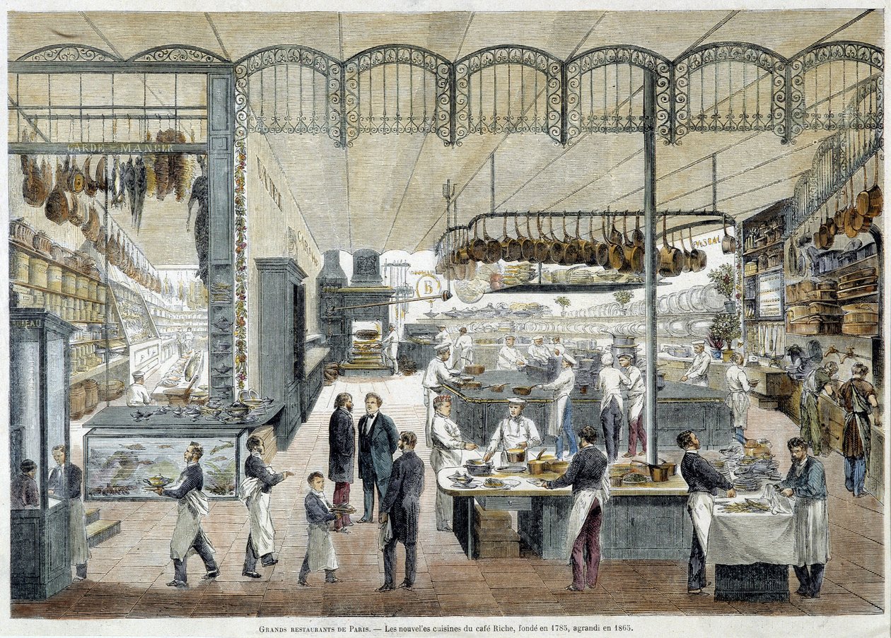 Upeita ravintoloita Pariisissa: vuonna 1785 perustetun Café Richen uudet keittiöt, joita laajennettiin vuonna 1865. tekijältä School French