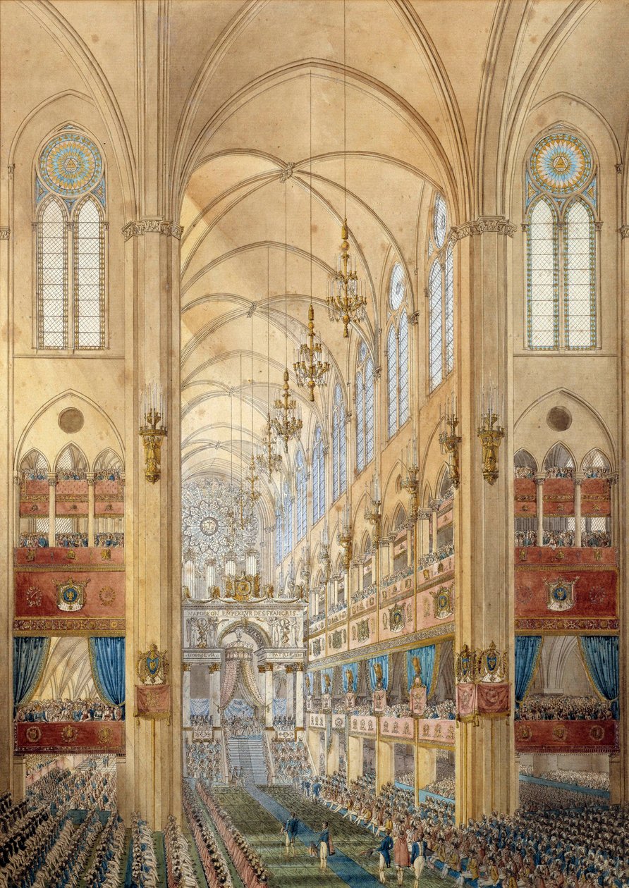Notre Dame de Parisin katedraalin sisustus Napoleon I:n (1769-1821) pyhän aikaan 12.2.1804. Akvarelli noin 1804. Ile d