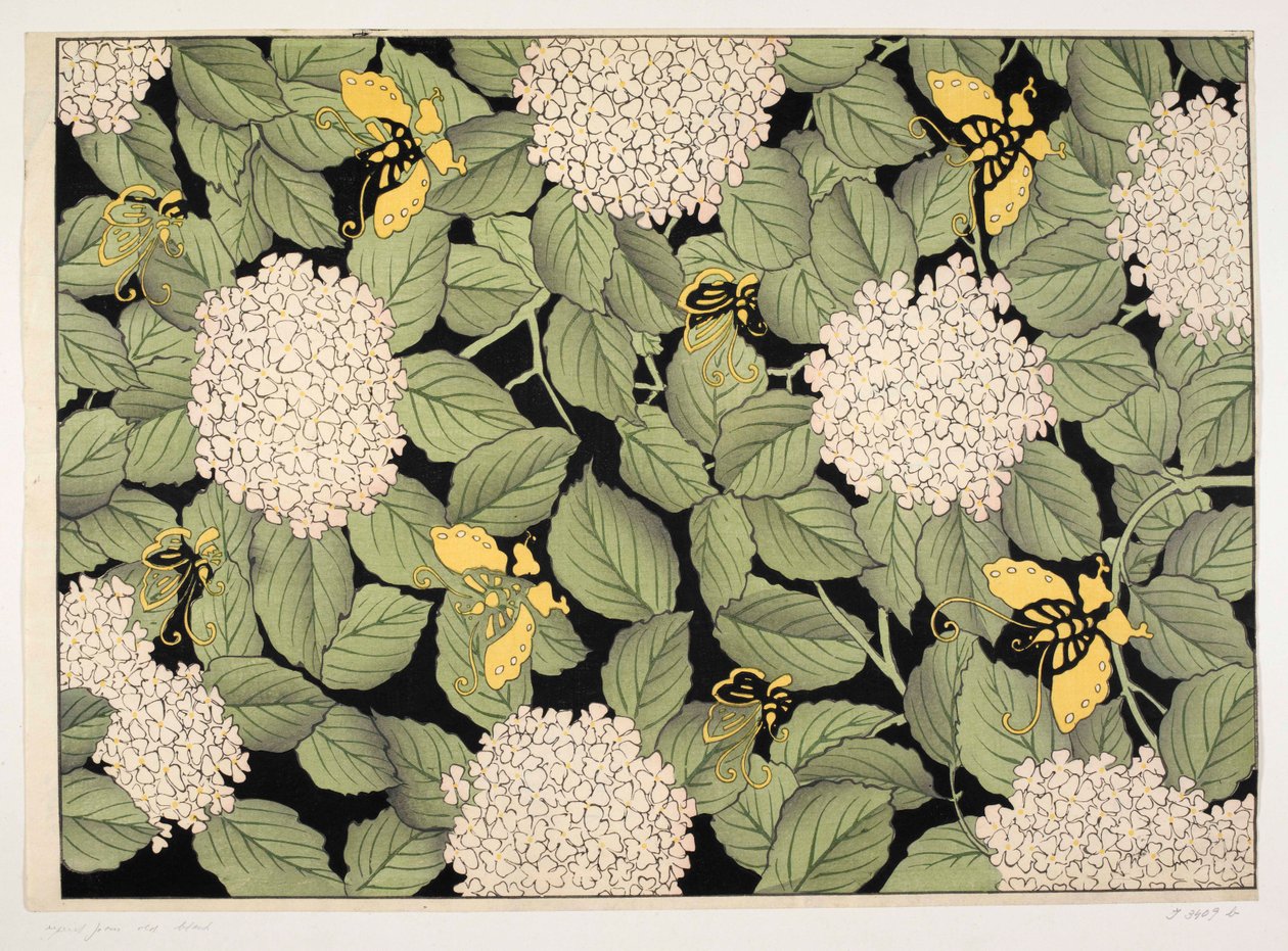 Japanilainen kukkakuvio, kuvitus "Olga Hirsch -kokoelmasta koristeltuja papereita" (värillinen puupainatus) tekijältä School French