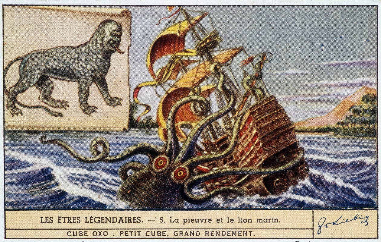 Legendaariset olennot - mustekala ja merileijona - chromo Liebig väri. tekijältä School French