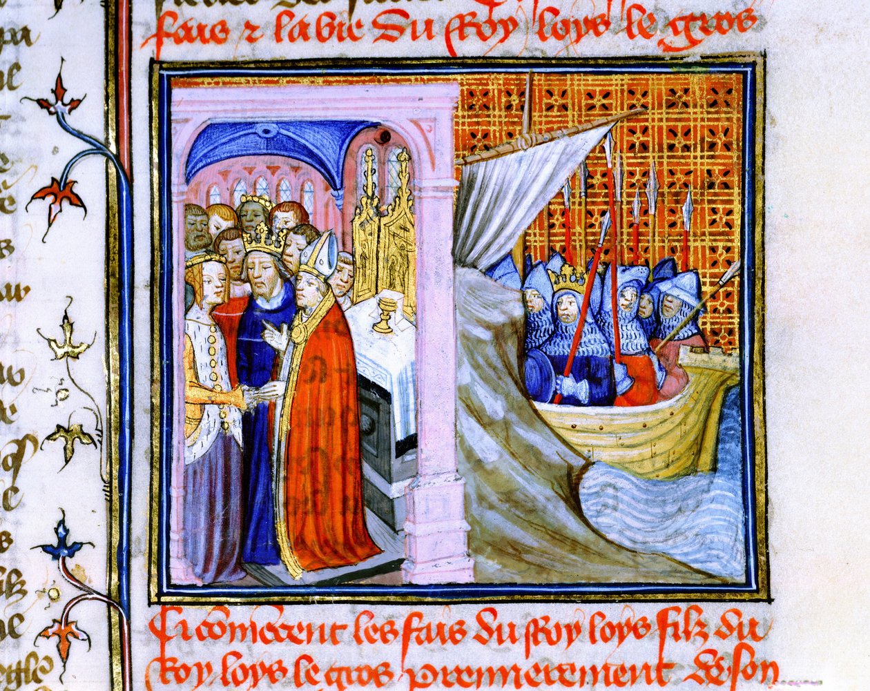 Akvitanian Eleanorin ja Ranskan Ludvig VII:n avioliitto (1137) vasemmalla ja lähteminen toiselle ristiretkelle 1147-1149, "Chronique de St Denis" -kirjasta (pergamentti). tekijältä School French