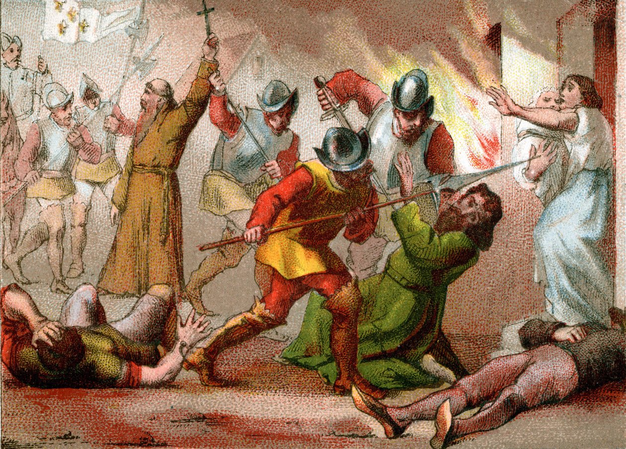 Protestanttien verilöyly Saint Bartelemyn yönä 24. elokuuta 1572 (tuloste). tekijältä School French