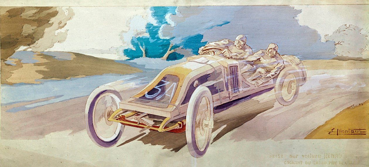 Moottoriurheilu: kilpa-auto ""Beisz Renault-autossa"" Litografia E. Montre, National Conservatory of Arts and Crafts, Paris tekijältä School French