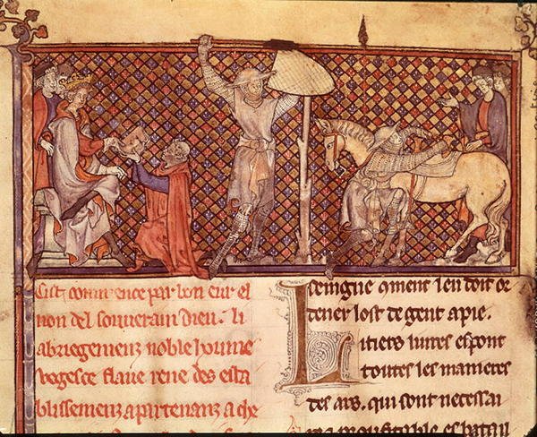 Ms 332 fol.1 Jean de Meung (1240-1305) tarjoaa kirjansa Eu:n kreiville ja Ritarin lähtö Jean de Meungin teoksesta "Traduction de Vegece" tekijältä School French