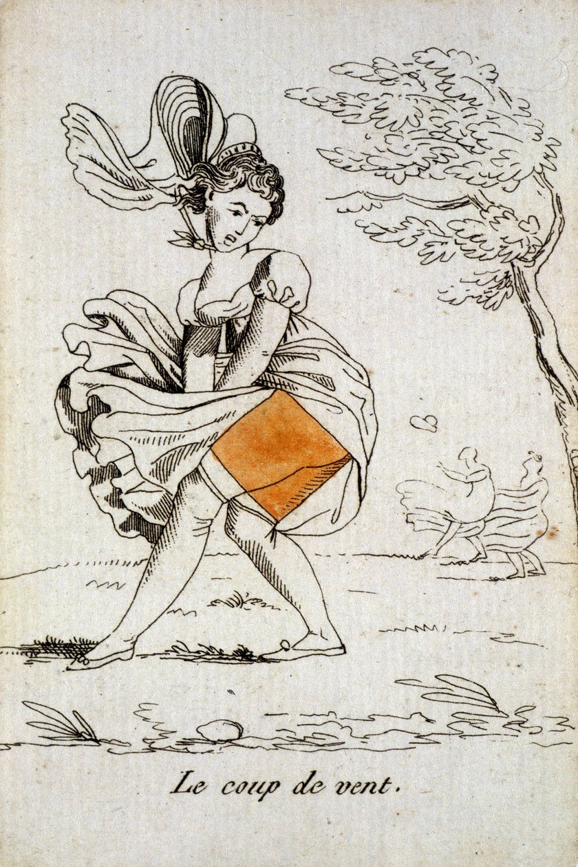 Vanha kortti pelattavaksi: timanttiässä - "" Tuulenpuuska"" nostaa naisen hameta. Musée de la Carte à Joucher, Issy-les-Moulineaux. tekijältä School French