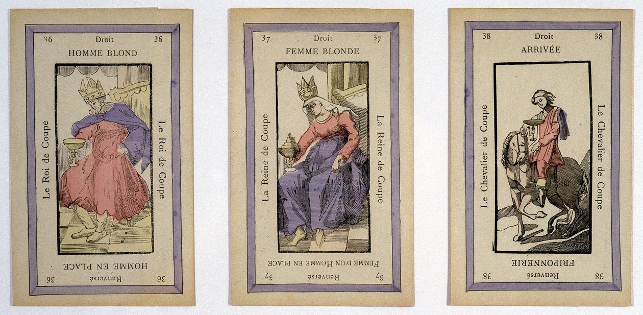 Vanhoja kortteja pelaamiseen kuninkaan (vaalea mies), kuningattaren (blondi nainen) ja ratsastajan (maali) kupin kanssa. Musée de la Carte à Joueur, Issy-les-Moulineaux. tekijältä School French