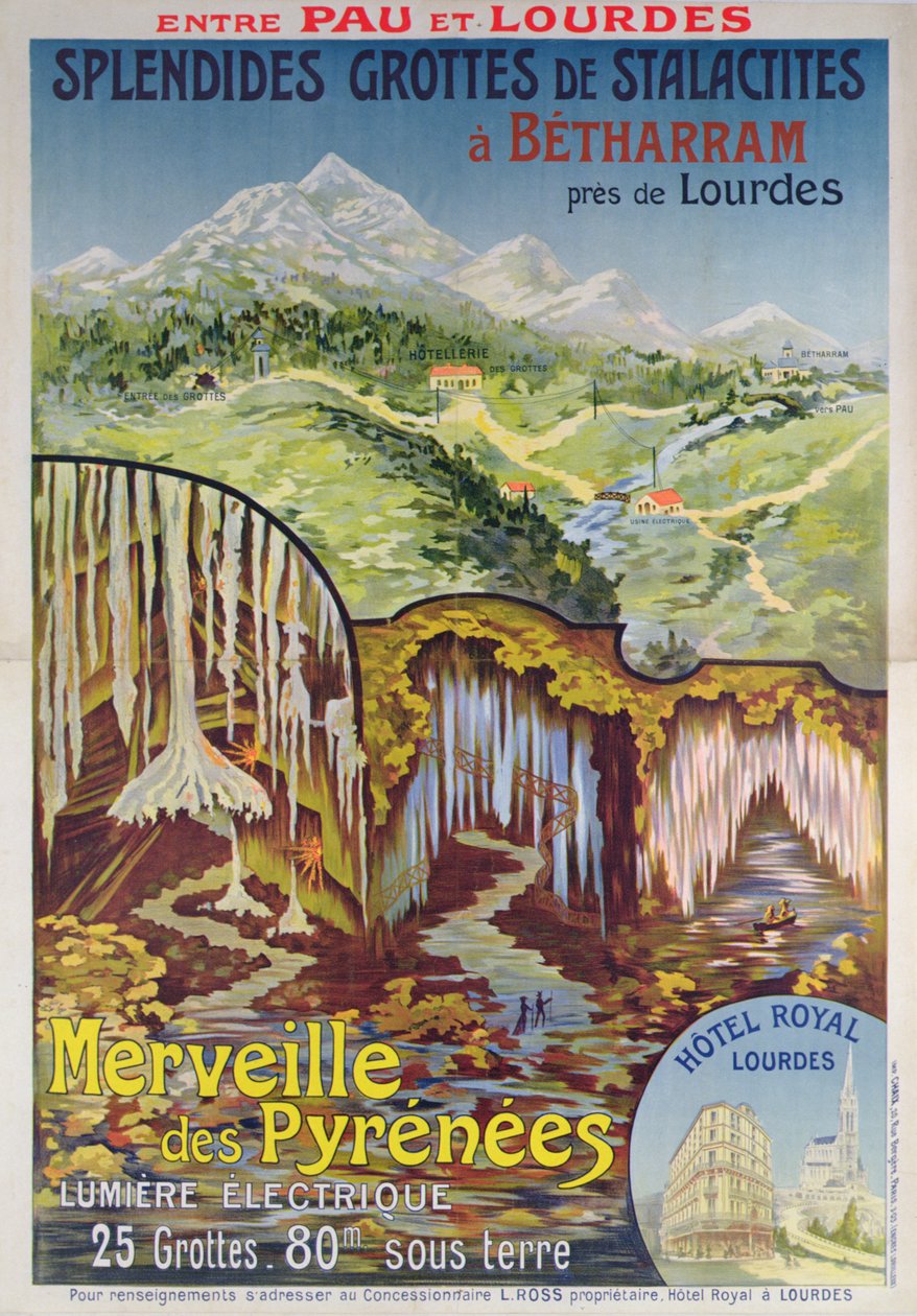 Juliste, joka mainostaa Betharramin luolia, Pyreneiden ihmeitä, Paun ja Lourdesin välissä, n. 1900 (värilitho) tekijältä School French