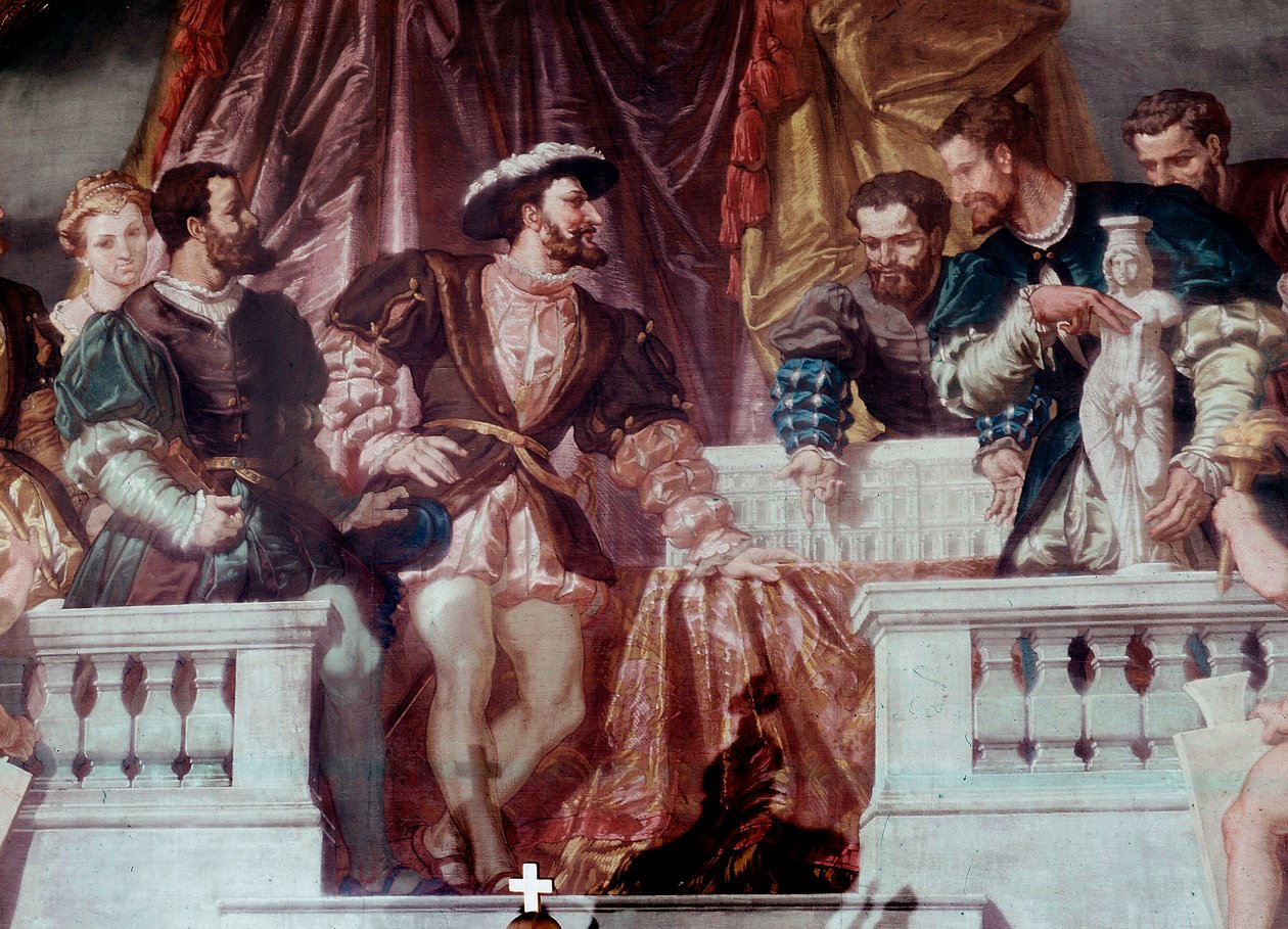 Uuden Louvren suunnitelmien esittely kuningas Francois I:lle (1494-1547) Kuningas Francois I vastaanotti arkkitehti Pierre Lescotin noin 1546. Suuren Salonin Napoleon III:n fresko Richelieun siivessä, Louvre, Pariisi tekijältä School French