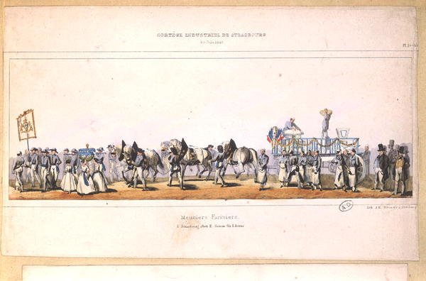 Meuniers-Farinierien (Millerien) kulkue Strasbourgissa, 25. kesäkuuta 1840 (värilitho) tekijältä School French