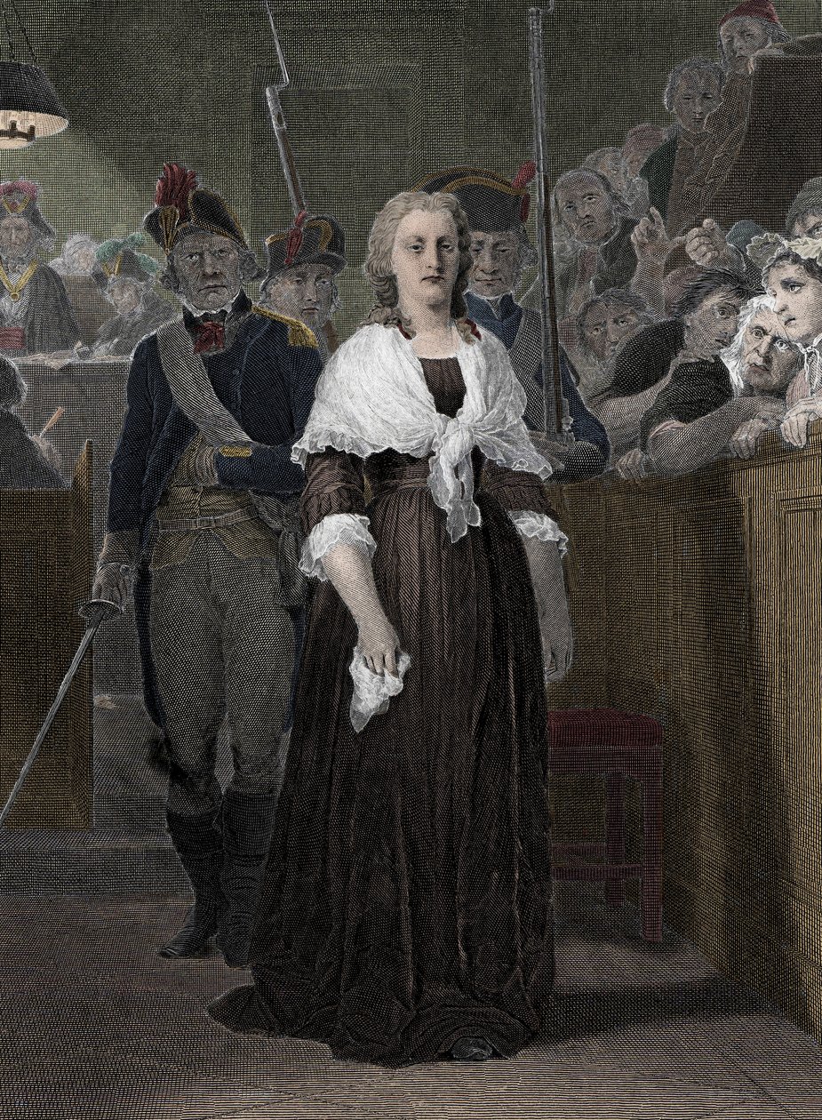 Kuningatar Marie Antoinette (1755-1793) Vallankumoustuomioistuin tuomitsi lokakuussa 1793” (Ranskan kuningatar Marie-Antoinette (1755-1793) oikeudenkäynnin aikana vallankumouksellisessa oikeudessa, lokakuu 1793) tekijältä School French