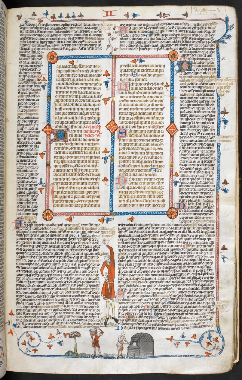 Royal 10 E. IV, f.145 Sivukohtaus miehestä, joka vierailee leipurin luona, teoksesta "Decretals of Gregory IX with gloss ordinaria ("Smithfield Decretals")" (vellum) tekijältä School French