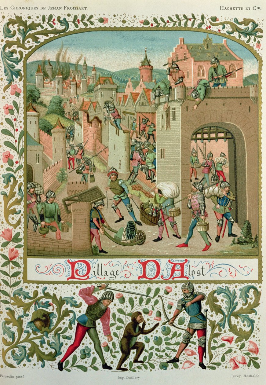 Gentin asukkaiden Aalstin ja Grammontin säkit vuonna 1380, Jean de Froissartin (n. 1337-1405) Chroniquesin käsikirjoituksesta (faksimilepainos) tekijältä School French