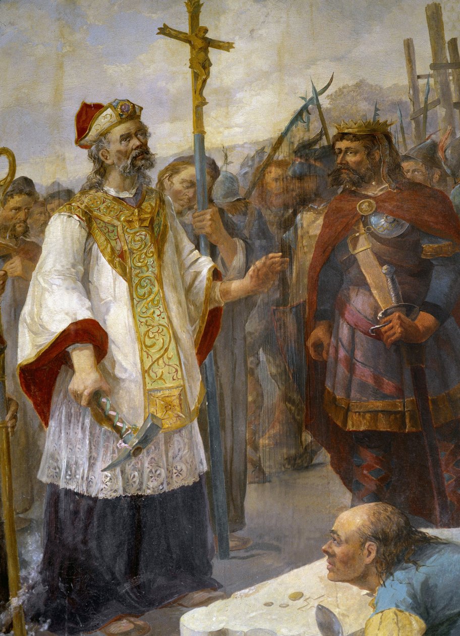 St Corentin laskee Cathedrale de Quimperin ensimmäisen kiven Odetiin kuningas Gralon Meurin läsnäollessa, 435 - maalaus Morlaixin kirkosta tekijältä School French