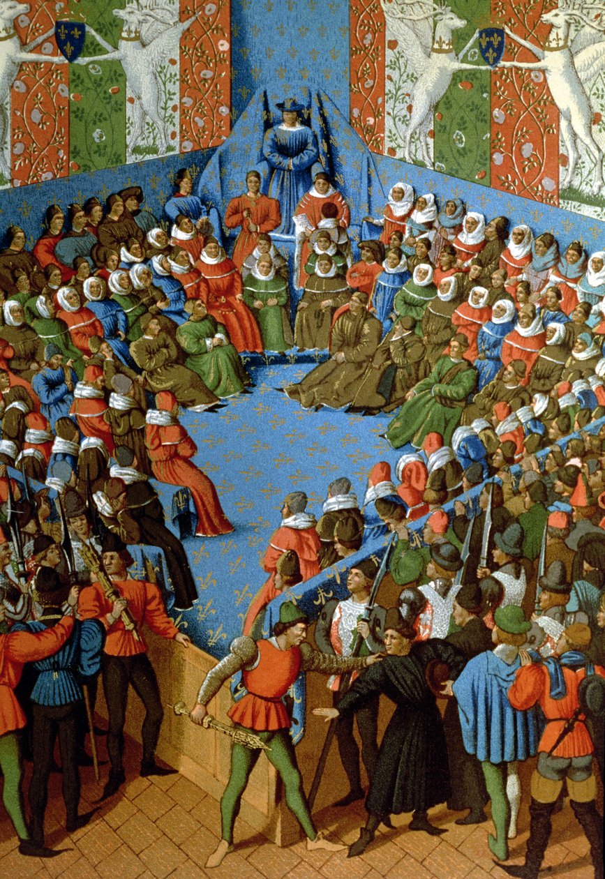 Tuomio Alenconin herttua Jeanista, jota syytetään salaliitosta englantilaisten kanssa ranskalaisia vastaan, faksimile Jean Fouquet
