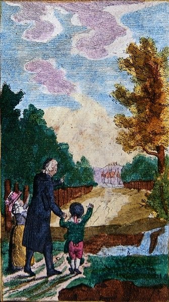 Lapset ja heidän opettajansa Nuernbergissä julkaistusta teoksesta "Le Nouveau Chemin du Plaisir", 1700-luvun loppupuoli tai 1800-luvun alku (värillinen puupiirros). tekijältä School German