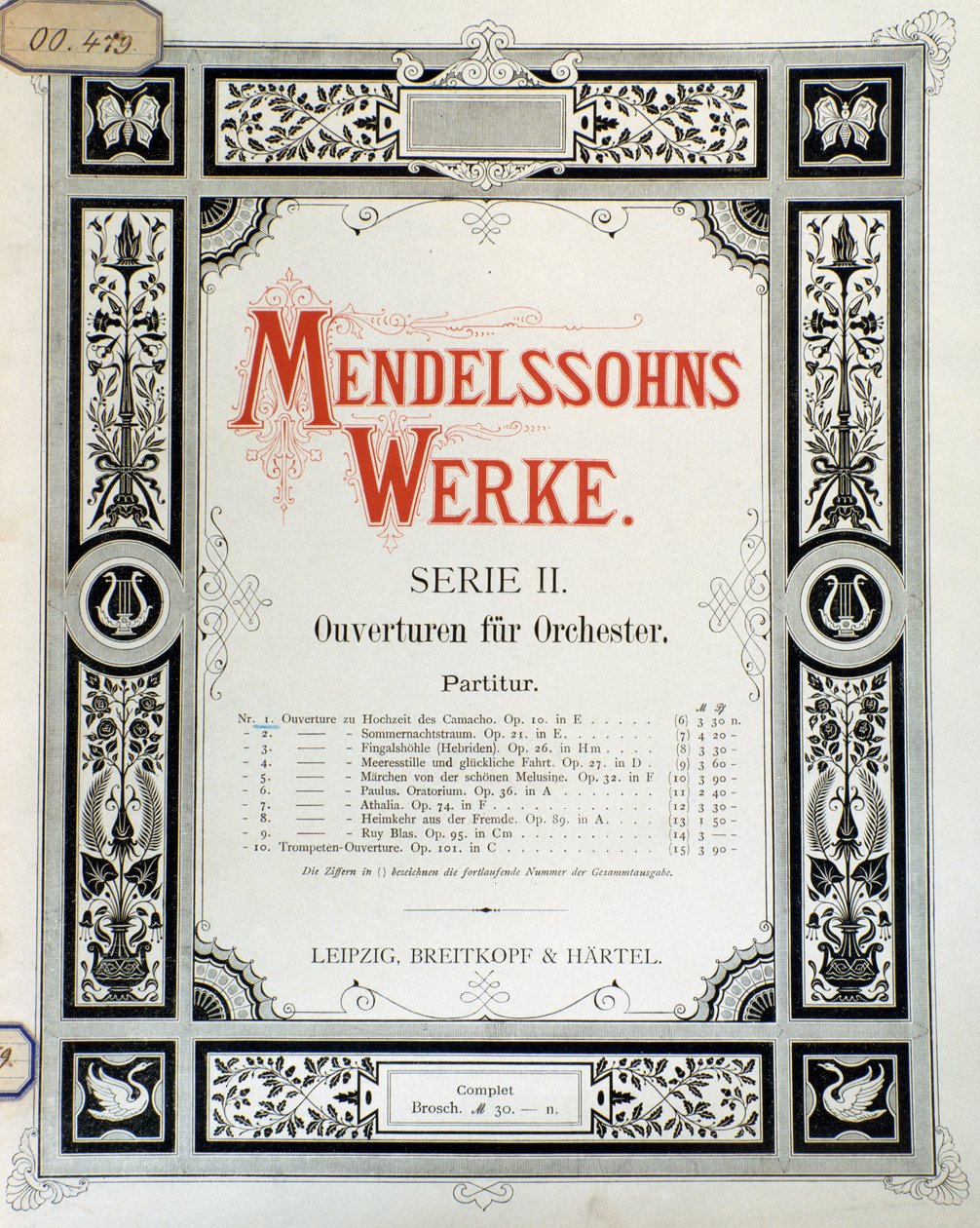 Kansi Felix Mendelssohnin partituurin "Ouverture Op. 10 orkesterille" (värilito) tekijältä School German