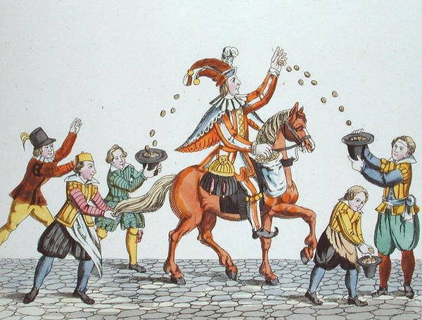 Narri kastanjahevosella heittelemässä ruokaa lapsille, julkaisusta "Vanhan Nürnbergin tavat ja käytännöt peleissä ja lauluissa", julkaistu uudelleen 1831 (värilitho) tekijältä School German