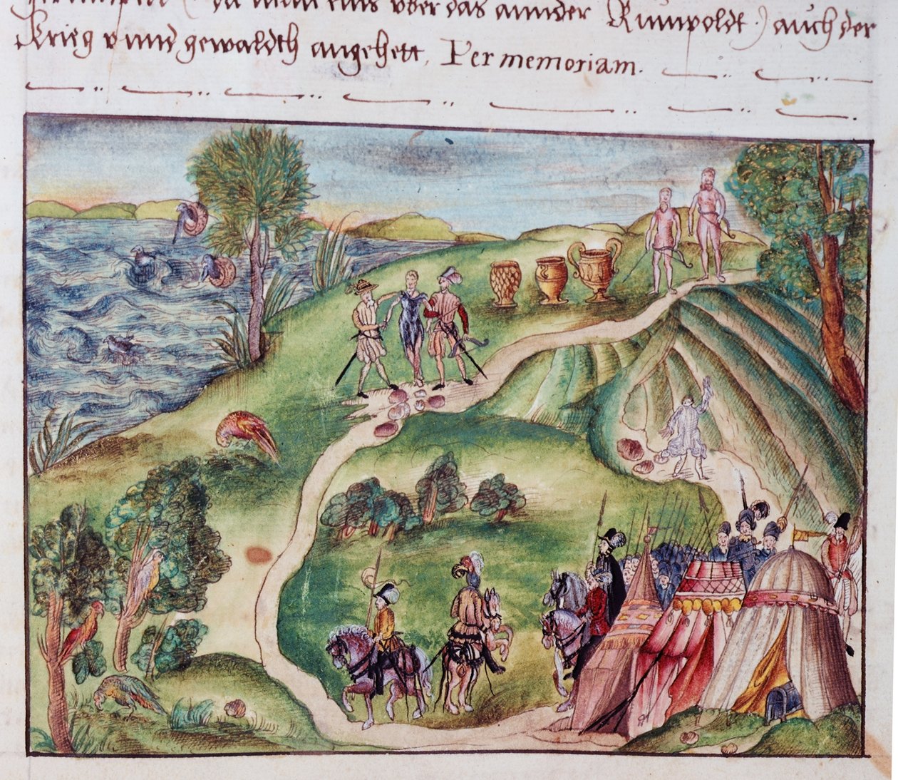 MS Add.15217 fol.40 Venezuelan maisema espanjalaisleirillä, Nürnbergin Coelerin perheen muistelmakokoelmasta tekijältä School German
