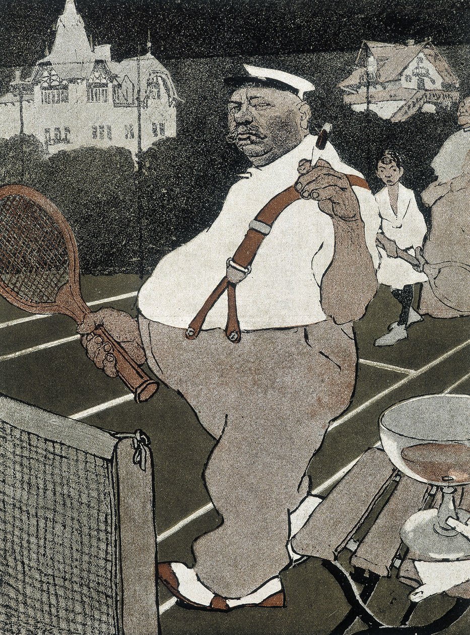 Tennis: lihava mies, tupakoi ja juo alkoholia, pelaa tennistä - saksalainen sarjakuva tekijältä School German