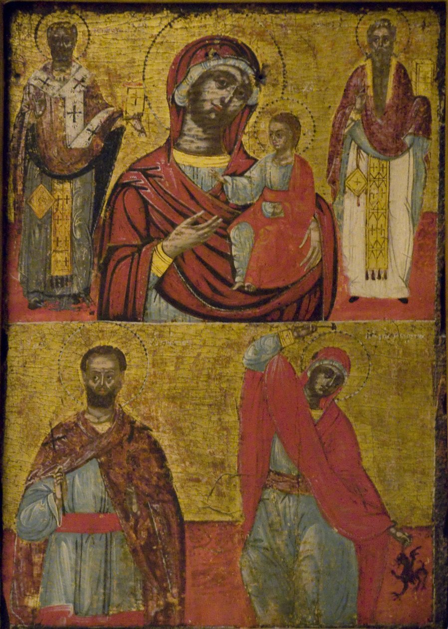Madonna, lapsi ja pyhät (tempera puupaneelissa) tekijältä School Greek