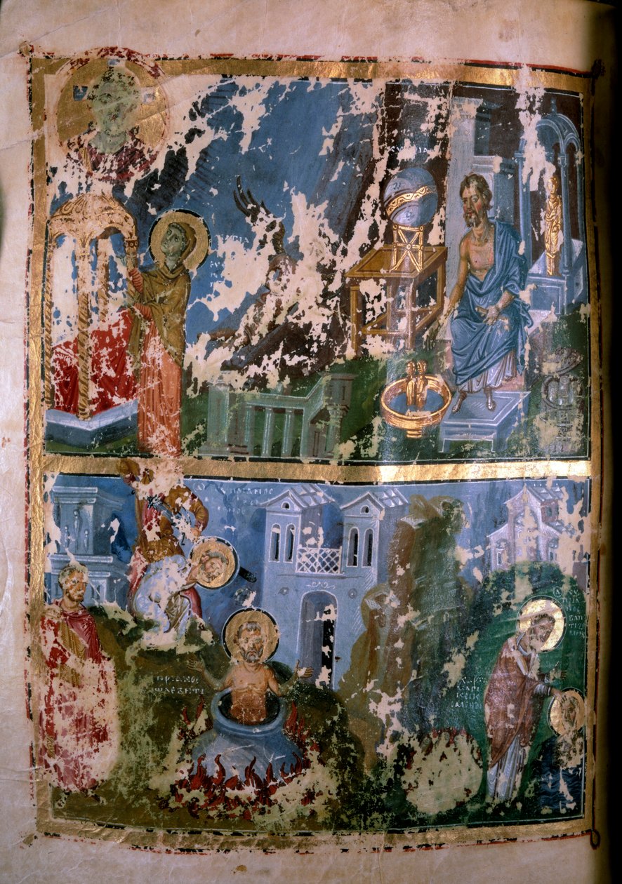 Kohtauksia Pyhän Cyprianuksen elämästä. Miniatyyri "" Homeliesissa. Orationes”, kirjoittanut Saint Gregoire of Bysantium of Nazianze (tai Naziance) (328-390), 879-882. Kreikan käsikirjoitus. Pariisi, NL tekijältä School Greek