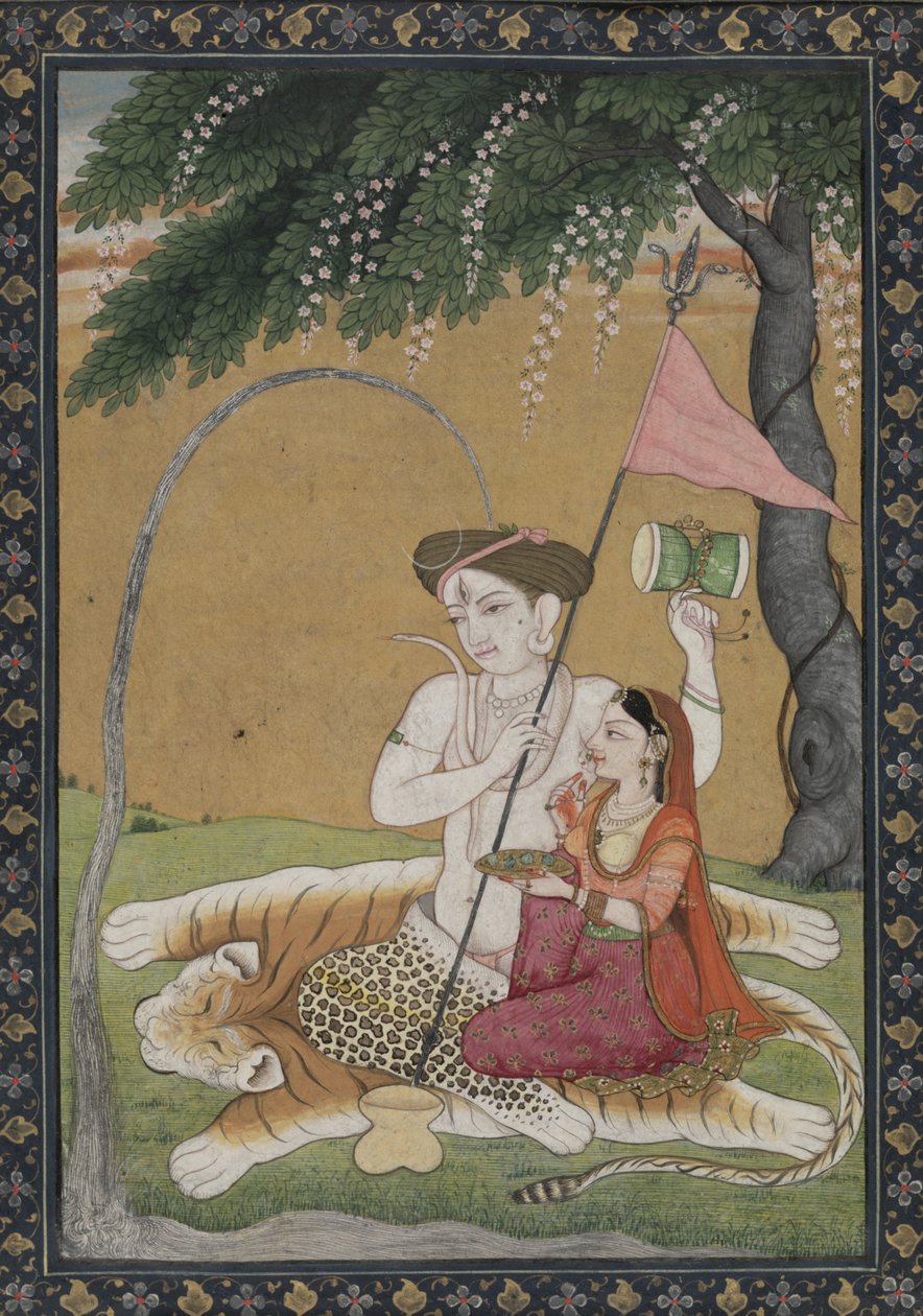 Shiva ja Parvati tiikerin iholla, n. 1800 (akvarelli kullalla ja hopealla) tekijältä School Guler