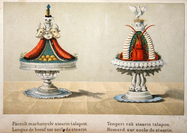 Suunnitelma härän kielen esittelyyn steariinipatjalla ja hummerille, kuvitus unkarilaisesta keittokirjasta ranskalaisesta ruoanlaitosta, n. 1880 (värilitho) tekijältä School Hungarian