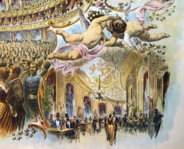 Somossy Orfeumin kävelykatu Budapestissa, 1800-luvun loppupuoli (värilitro) tekijältä School Hungarian