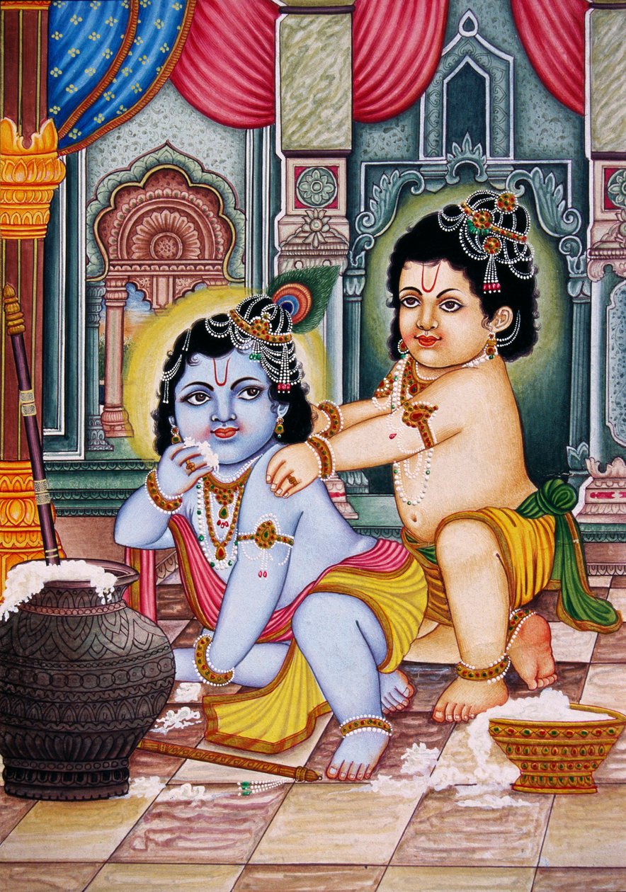 Bal Krishna ja Balram Pienoiskoossa maalaus paperille tekijältä School Indian