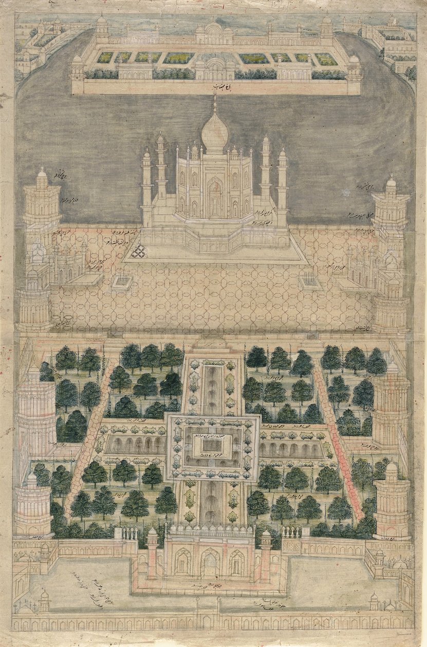 Lintuperspektiivistä Taj Mahalia Agrassa (kynä ja muste vesivärillä paperille) tekijältä School Indian