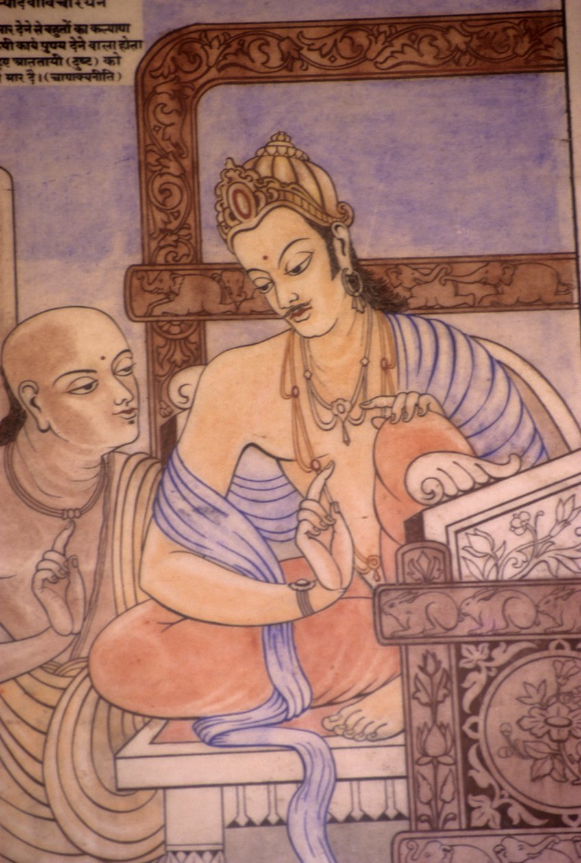 Chanakya ja kuningas Chandragupta (akvarelli paperille) tekijältä School Indian