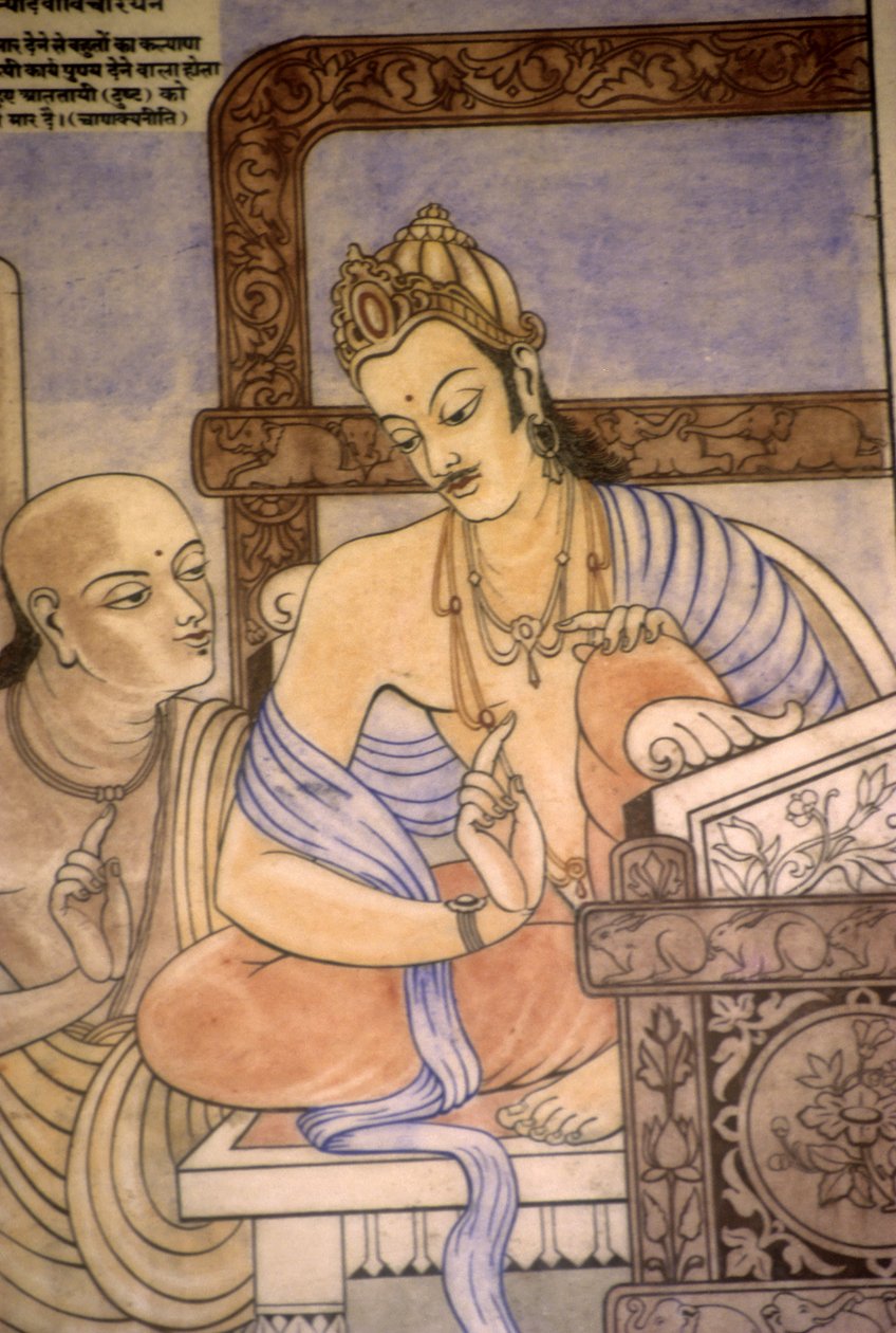 Chankaya ja kuningas Chandragupta (akvarelli ja guassi) tekijältä School Indian