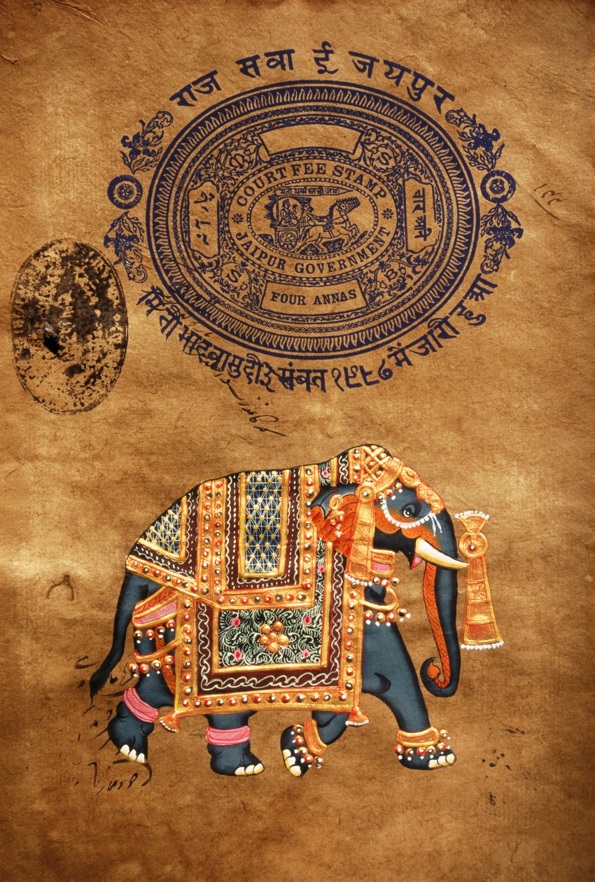 Elefantti, käsintehty maalaus ja vanha leimapaperi, Jaipur, Rajasthan, Intia tekijältä School Indian