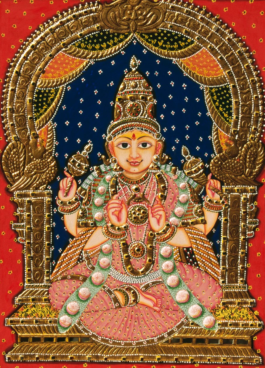Kohokuvio jumalatar Saraswati, Tanjore maalaus tekijältä School Indian