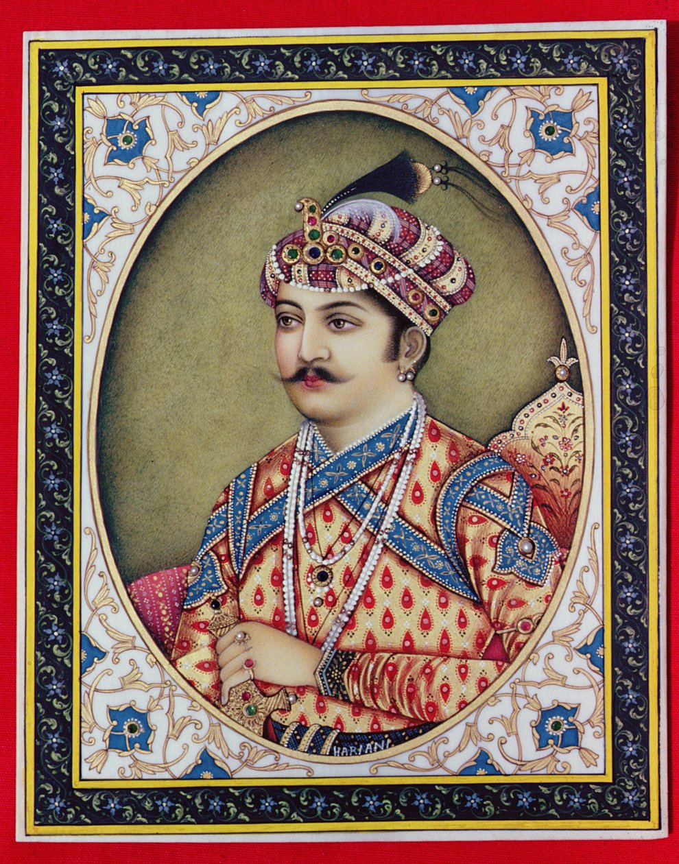 Keisari Muhammad Akbar (1542-1605) (guassi ja akvarelli norsunluulle) tekijältä School Indian