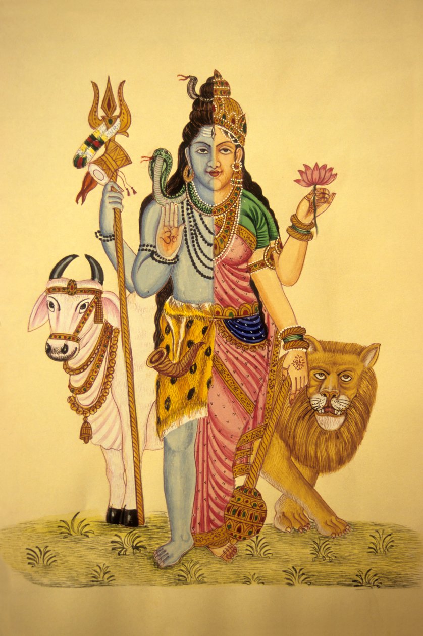 Jumala Shiva Ardnarees Wear Roop, miniatyyri maalaus paperille tekijältä School Indian